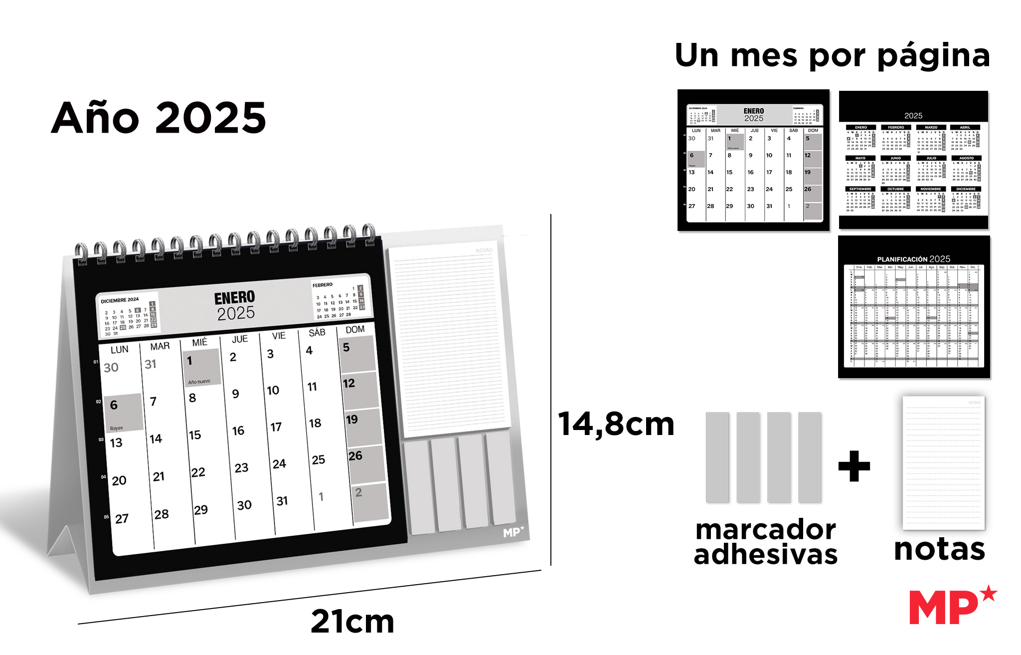 CALENDARIO SOBREMESA 2025 MES VISTA NEGRO